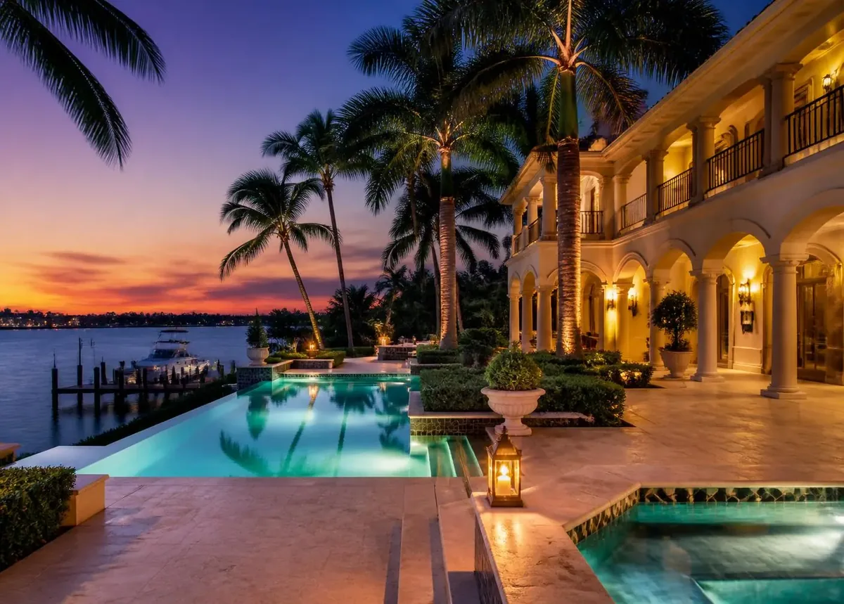 Lit estate loggia and infinity pool overlooking the Intracoastal Waterway at dusk