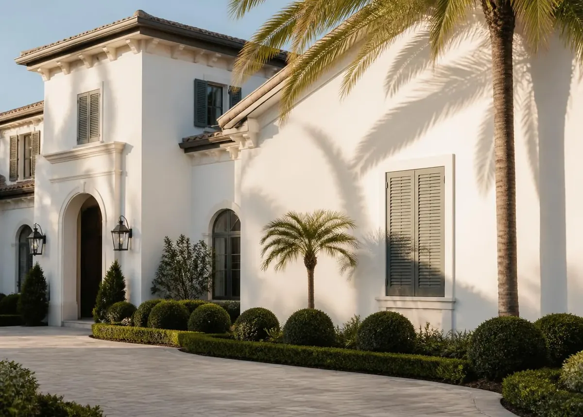 Shuttered luxury Florida home exterior in soft morning light with immaculate landscaping