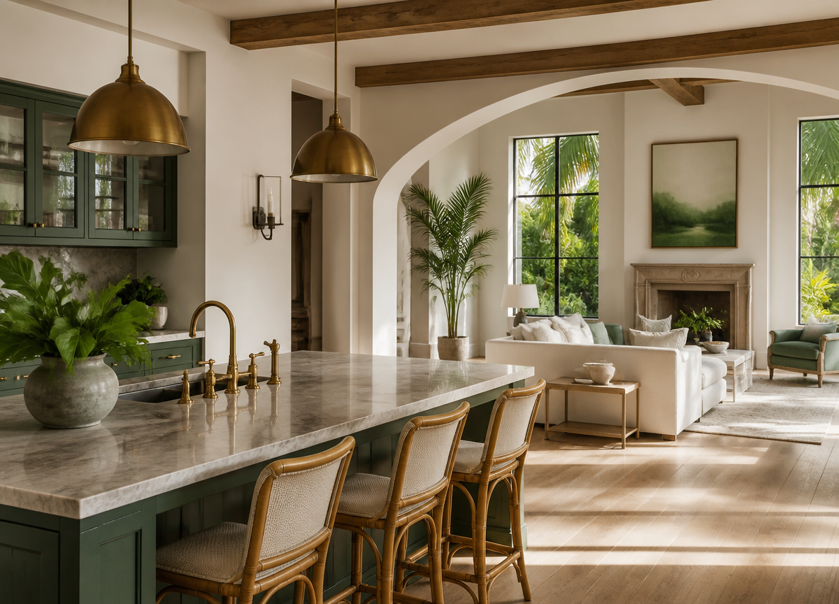 Elegant open-plan kitchen and living space in a Palm Beach County private residence