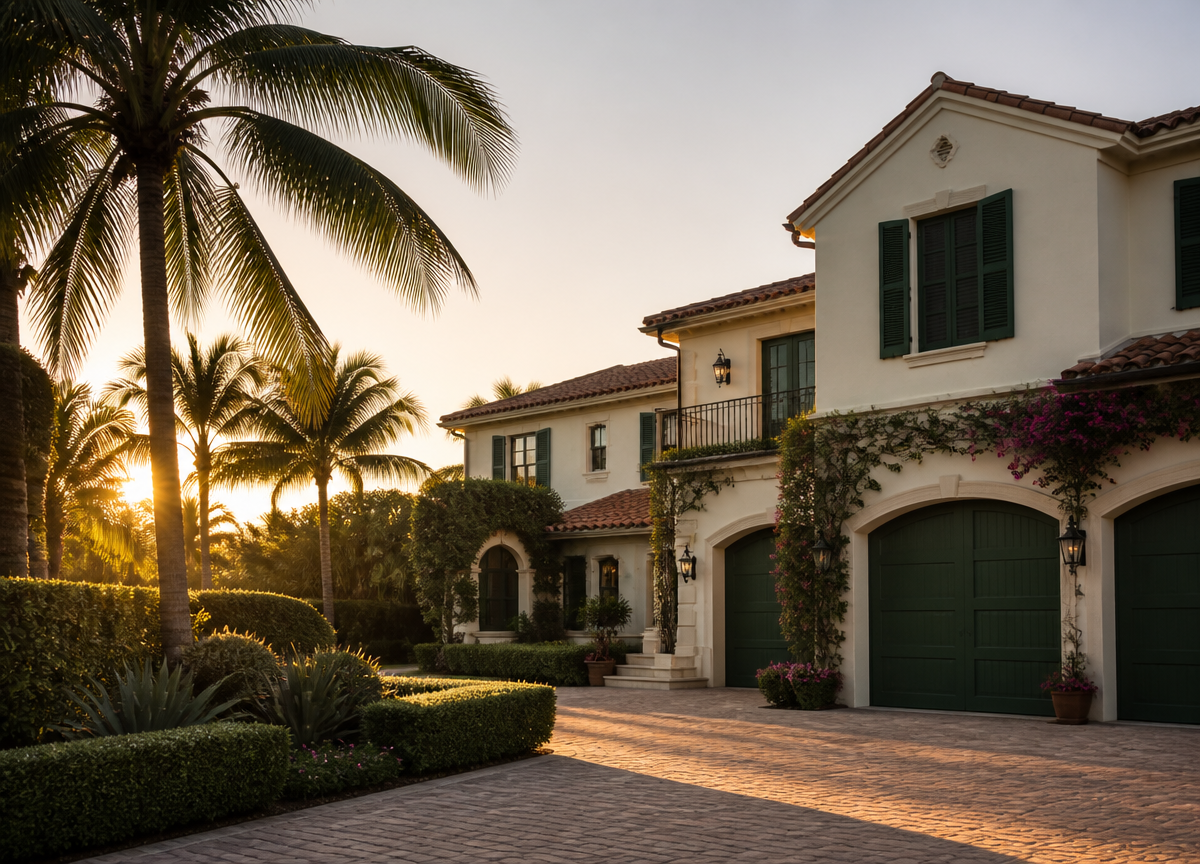 Well-maintained Mediterranean-style Florida seasonal residence with shutters and palm-lined drive at golden hour